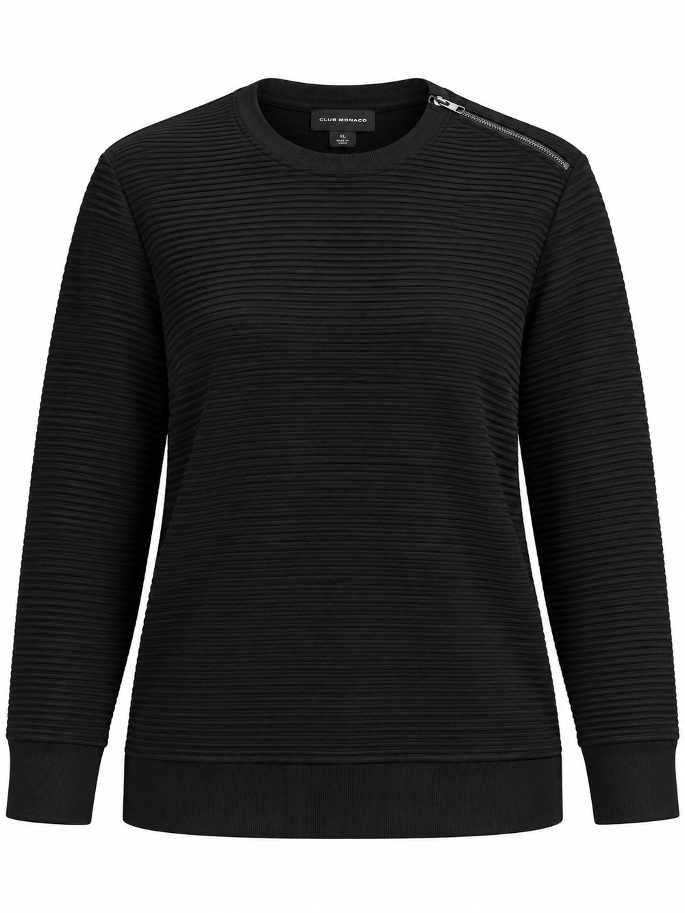 CLUB MONACO | Black Ribbed Crewneck Shoulder Zip Sweatshirt Pullover | XL